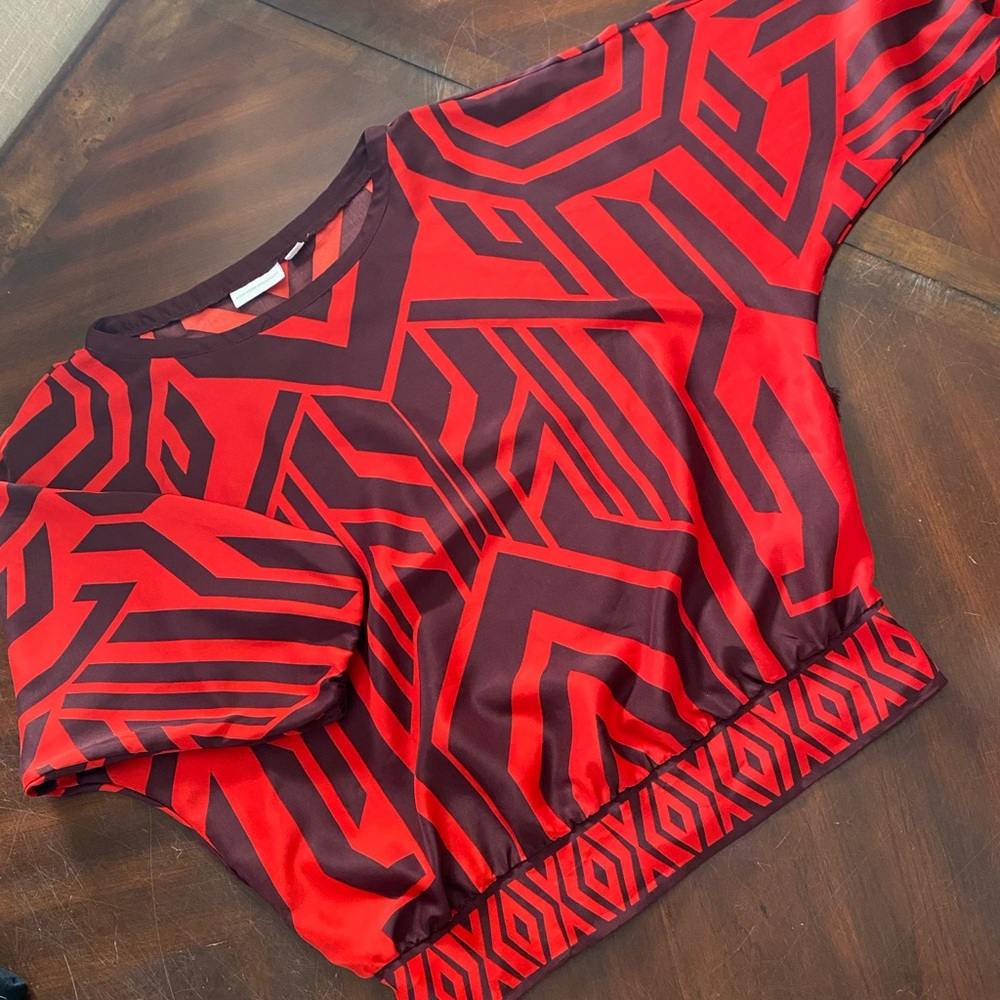 New York & Company Red and Black Geometric Blouse